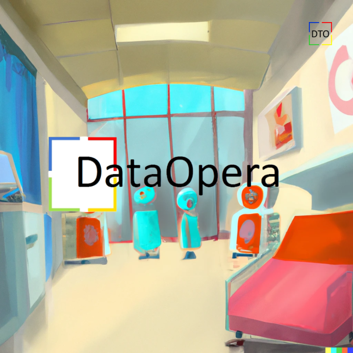 Uma imagem digital mostrando o interior estilizado de um edifício com robôs coloridos, móveis modernos e o logotipo “DataOpera” em destaque.