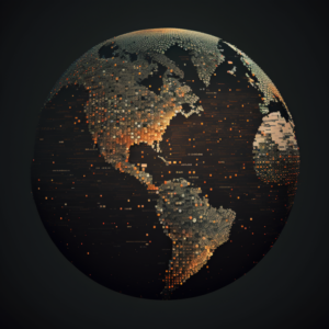 Uma visão parcial de um globo digitalmente renderizado, mostrando uma metade clara e detalhada e a outra obscurecida.