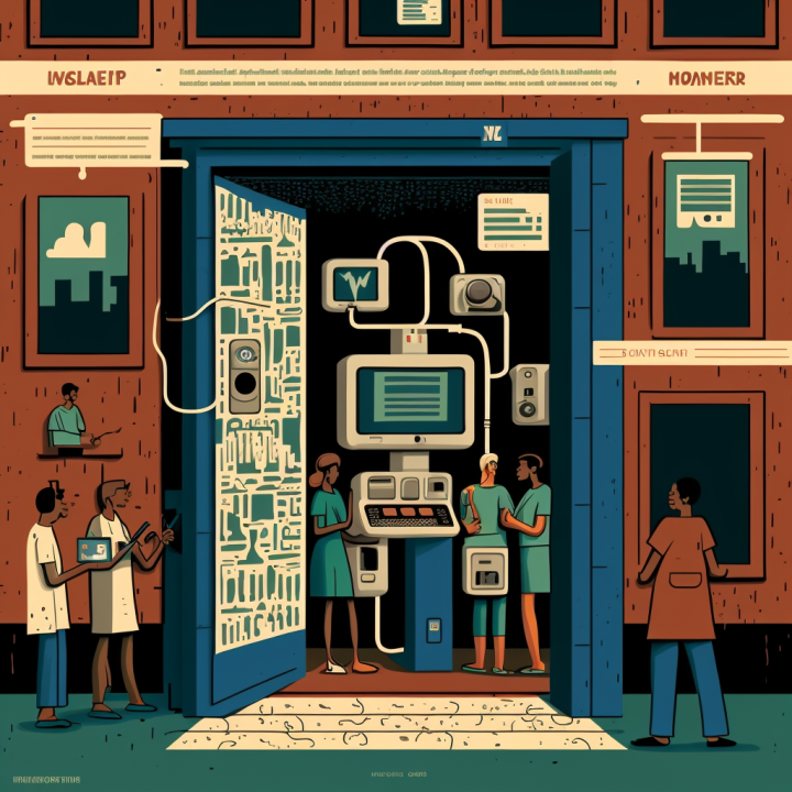 Uma ilustração de profissionais da saúde interagindo com tecnologia médica avançada em um ambiente hospitalar, com monitores e equipamentos modernos.