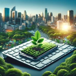 Uma imagem de um smartphone com uma planta verde vibrante crescendo de dentro dele, simbolizando a fusão da tecnologia e natureza, com um cenário urbano ao fundo.