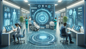 Profissionais de saúde em um ambiente moderno e tecnológico, interagindo com interfaces digitais avançadas que exibem informações detalhadas do paciente.
