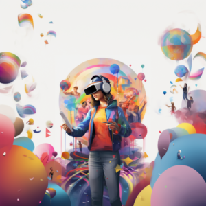 Uma pessoa com um headset de realidade virtual está imersa em um mundo colorido e vibrante, cercada por formas abstratas e figuras humanas em movimento.