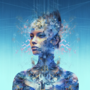 Uma pessoa com a parte central do rosto desfocada, cercada por gráficos e imagens digitais que parecem emergir ou se integrar ao seu ser.