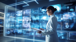 Um profissional de saúde interage com uma interface futurista de tela sensível ao toque, exibindo gráficos, imagens médicas e dados em um ambiente moderno e tecnológico.