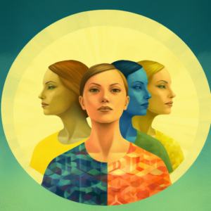 Uma imagem artística mostrando três pessoas com faces obscurecidas, representadas em diferentes cores e padrões, contra um fundo de aura luminosa.