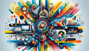 Infográfico horizontal colorido destacando a tecnologia de saúde digital e bem-estar dos funcionários em um ambiente de trabalho. Elementos incluem gráficos de dados abstratos, ícones de saúde, atividade física e alimentação equilibrada, com uma paleta de cores da DTO.