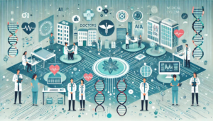 Ilustração futurista mostrando médicos e sistemas de IA trabalhando juntos, conectando dados de saúde com tecnologia