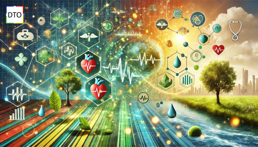 Imagem ilustrativa conectando elementos da saúde e sustentabilidade, destacando os impactos das mudanças climáticas no setor de saúde