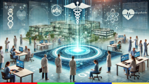 Imagem digital representando um centro de inovação em saúde impulsionado por inteligência artificial. No centro, um prédio moderno e cercado por áreas verdes simboliza um hub de interoperabilidade de dados em saúde. Ao redor, diversos profissionais de saúde, incluindo médicos, enfermeiros e cientistas, interagem com telas holográficas e computadores, analisando dados clínicos. No primeiro plano, um holograma azul em forma de círculo digital emite luz, destacando a convergência da tecnologia e da saúde. Elementos gráficos no fundo, como ícones de DNA, eletrocardiograma e inteligência artificial, reforçam a temática de inovação e transformação digital no setor da saúde.
