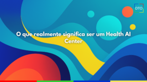 Arte digital abstrata com formas orgânicas e cores vivas que representam conexão, fluxo de dados e inovação em saúde digital, utilizada para ilustrar o conceito de Health AI Center da DTO.