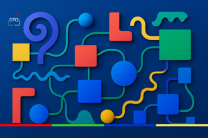 Ilustração abstrata representando interoperabilidade em saúde por meio de formas interconectadas e cores padronizadas da DTO.