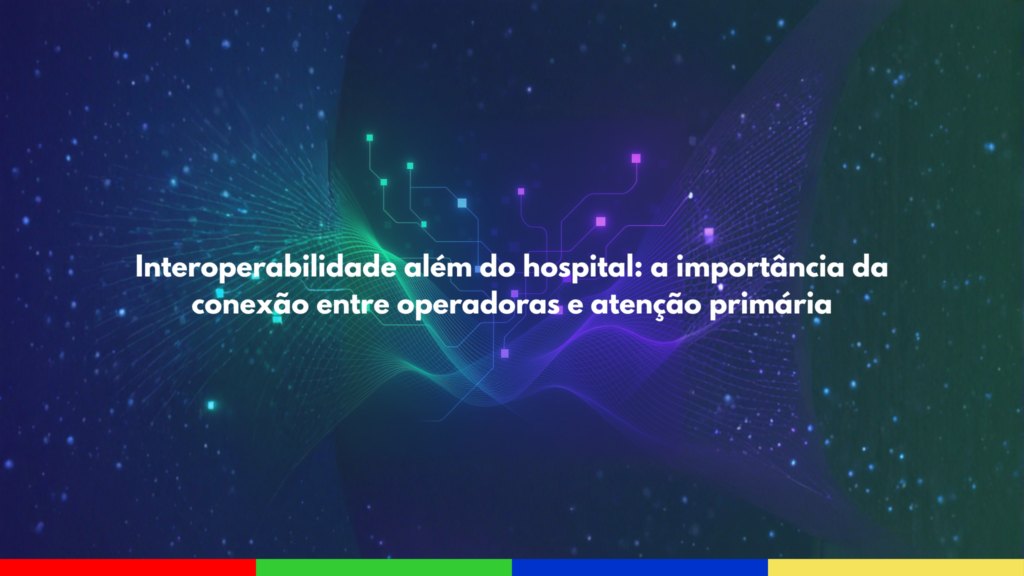Representação abstrata de fluxos de dados conectando diferentes pontos, simbolizando interoperabilidade entre operadoras e atenção primária.