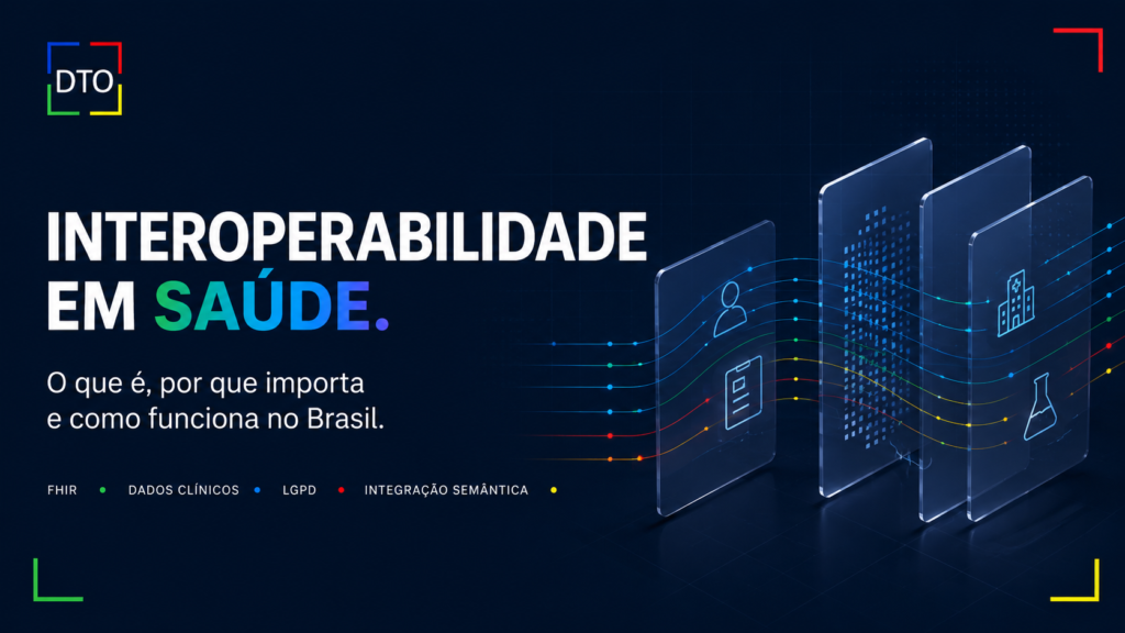 Ilustração sobre interoperabilidade em saúde mostrando integração de dados clínicos, FHIR e LGPD em ambiente hospitalar digital da DTO